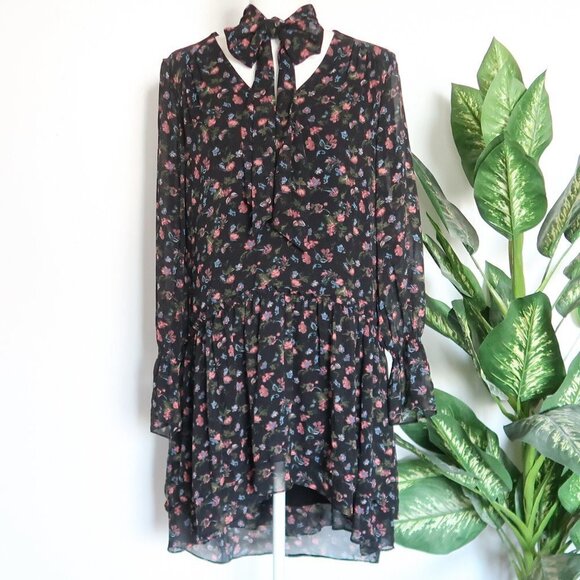 Joie Jamira Black 100% Silk Floral Tie Neck Lined Tiered Ruffle Mini Swing Dress - Picture 4 of 15